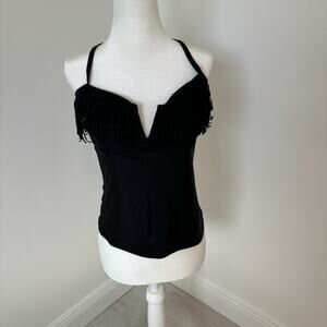 Collections By Catalina Tankini Swim Top Black Padded Bra, Fringe Accent Size S